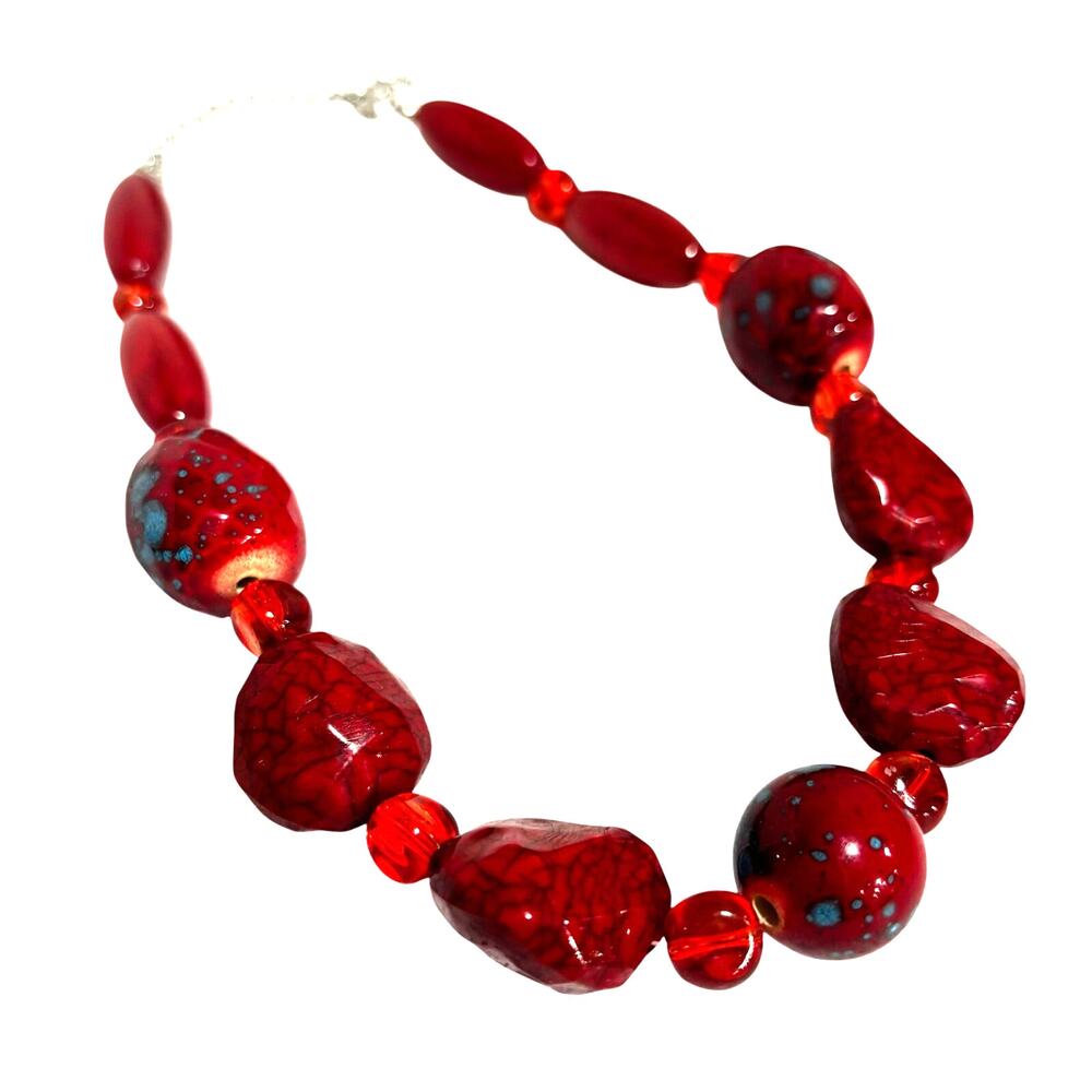 Chunky red beaded fashion necklace abstract silver chain lobster clasp choker